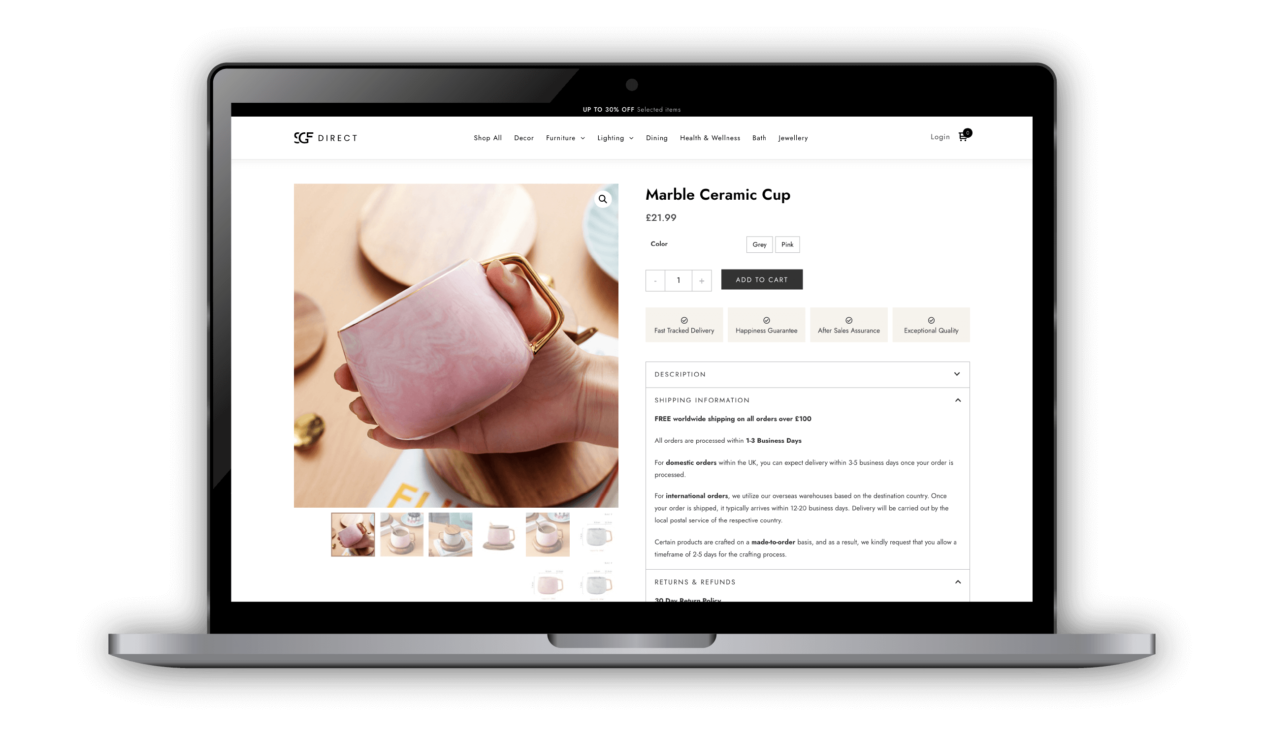 Laptop screen displaying a product page for a pink marble ceramic cup on an ecommerce website designed by InloDesign.