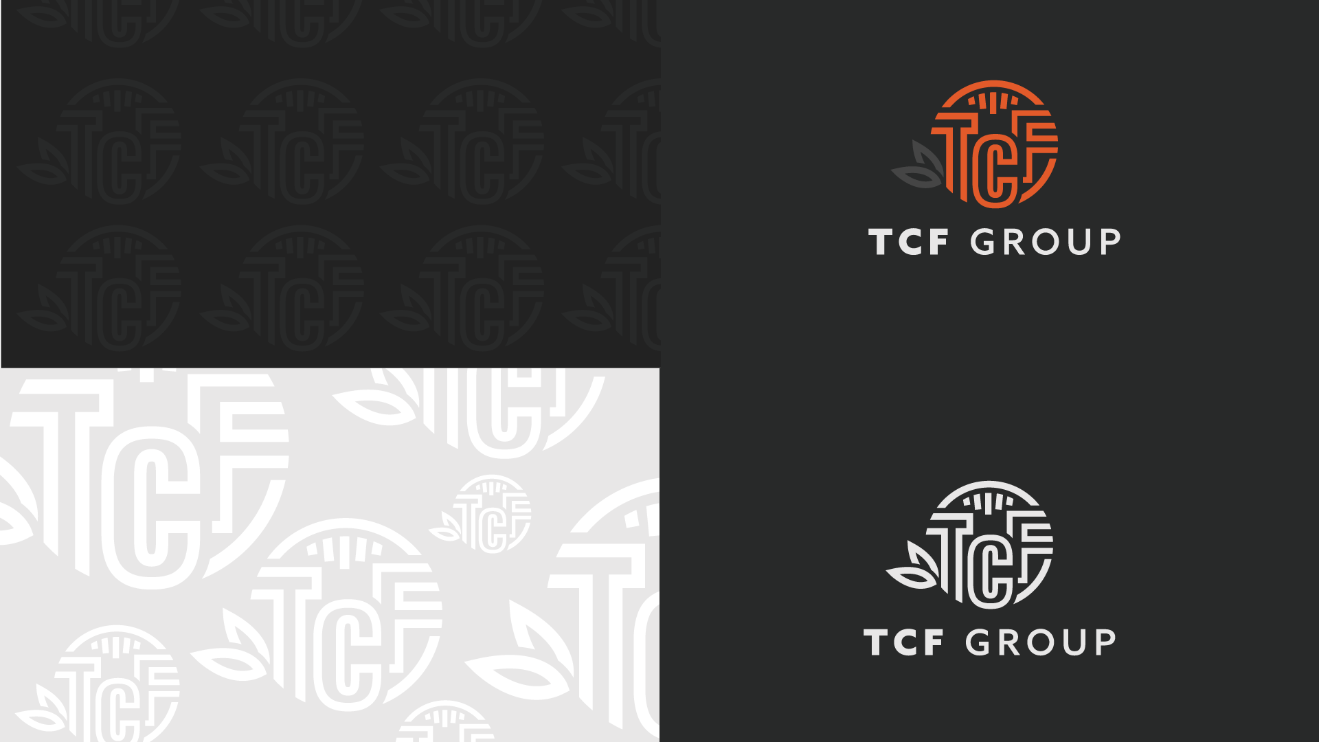 A modern and professional logo design for "TCF Group" featuring a circular emblem with stylized text and leaf elements, shown in various color schemes including orange, white, and grayscale.