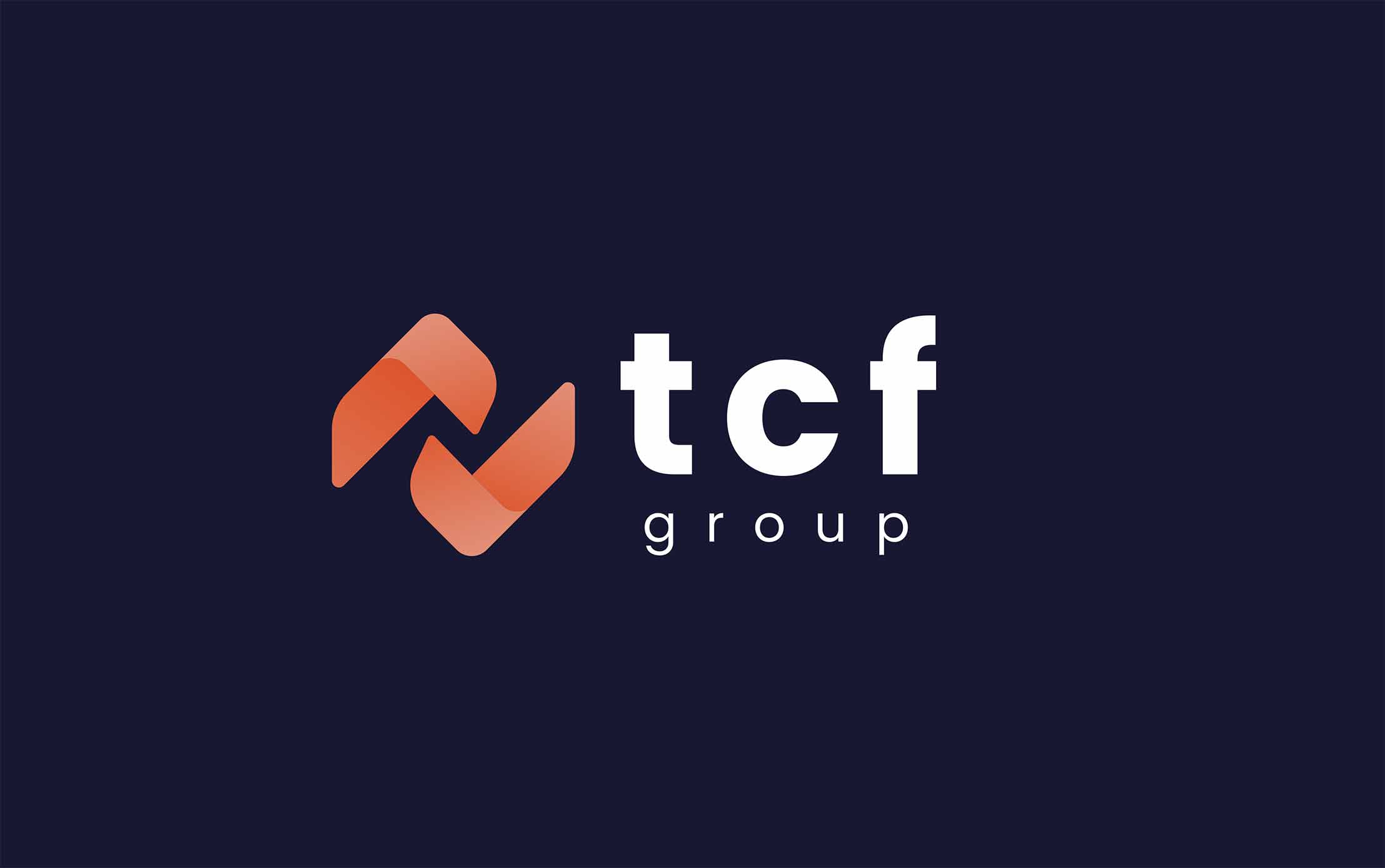 Corporate logo design for "tcf group" featuring a modern orange abstract icon and clean white typography on a dark blue background, created by InloDesign in London.