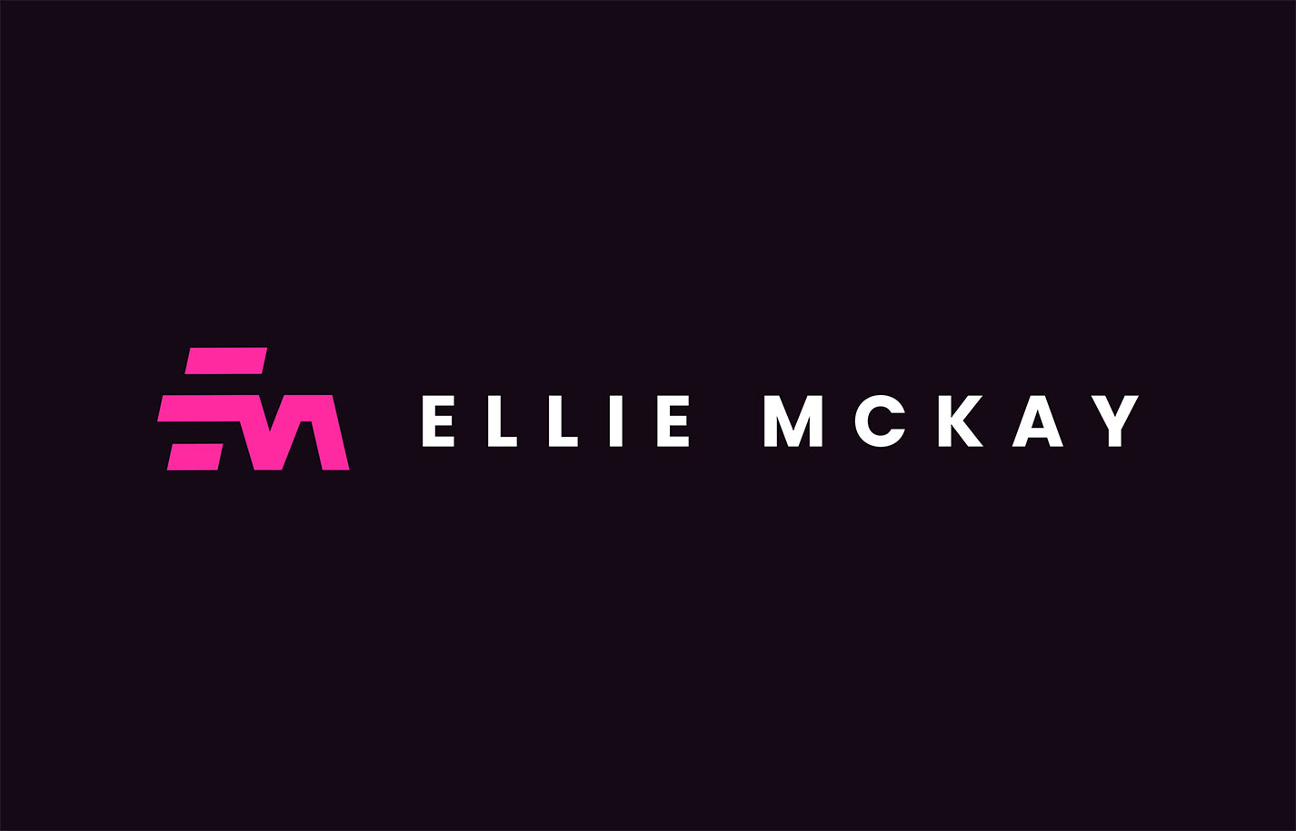 Modern business logo design in the UK for "Ellie McKay" featuring bold pink initials and clean white typography on a dark background.