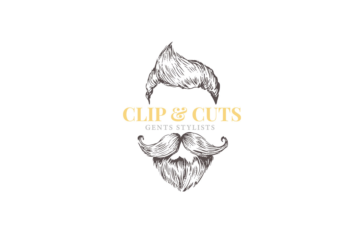 Vintage-style barber logo design featuring styled hair, mustache, and beard with the text "Clip & Cuts Gents Stylists" created by InloDesign in London.