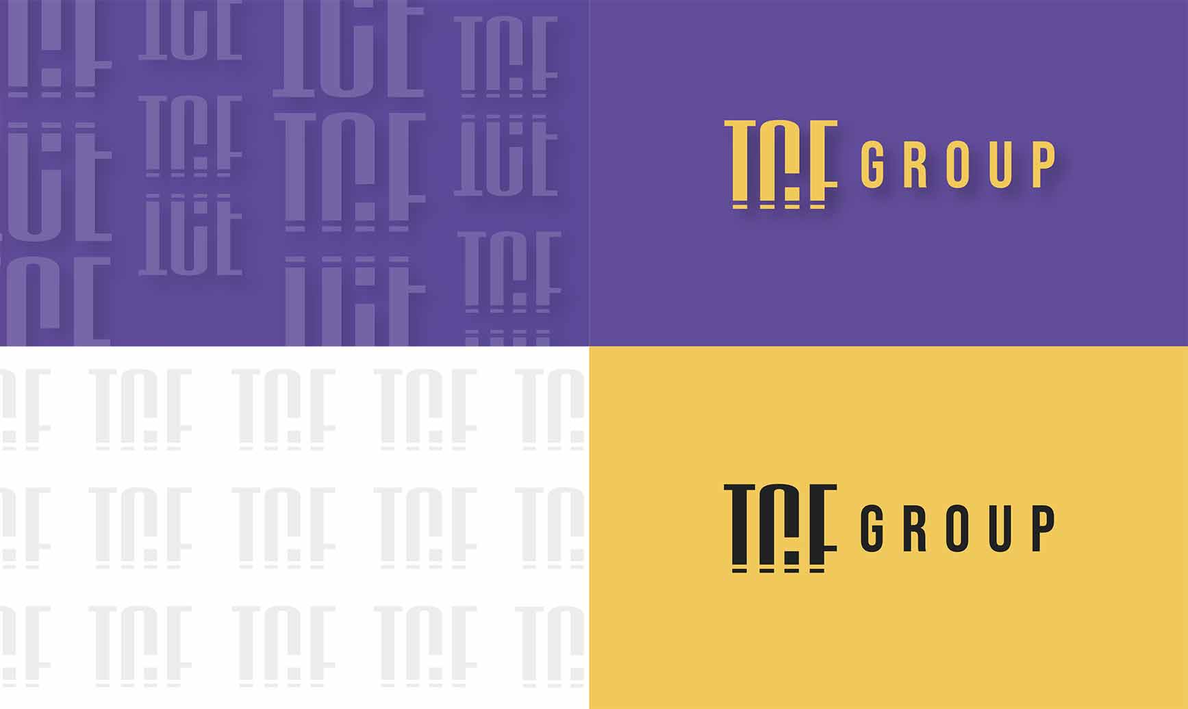 Brand identity design mockup featuring TAF Group logo variations in purple and yellow color schemes with creative typography and visual pattern elements.