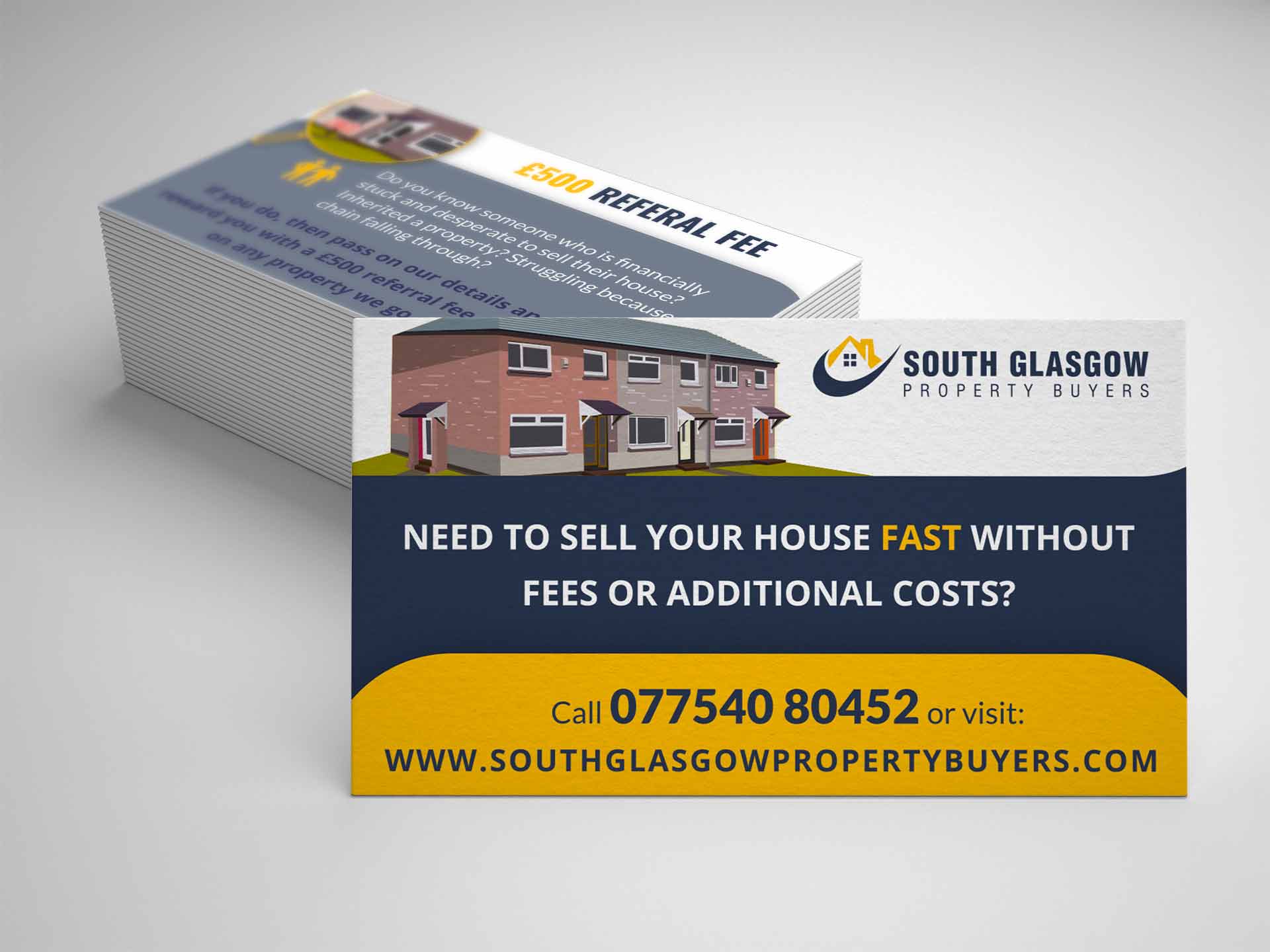 Stack of real estate business cards for South Glasgow Property Buyers with bold contact details and promotional referral message, showcasing professional layout and design.