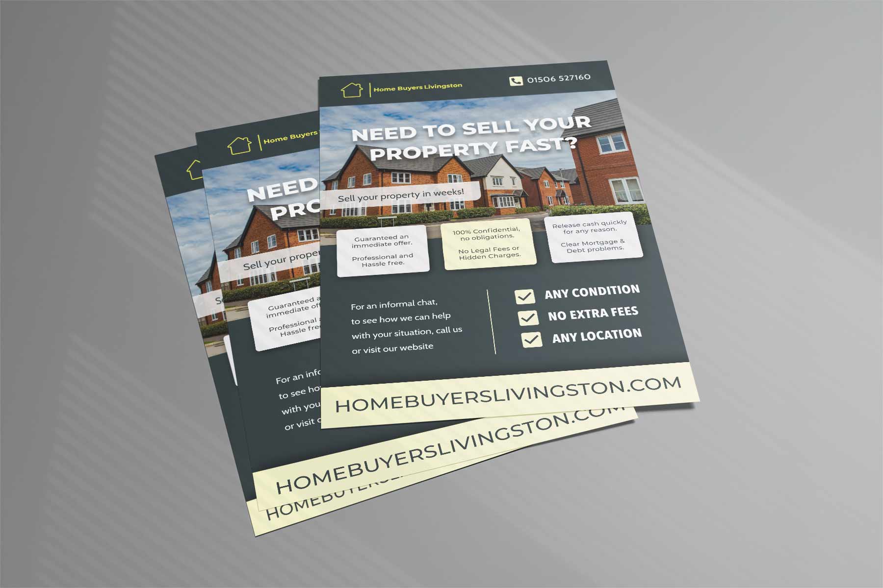Stack of professionally designed flyers promoting fast property sales, featuring a clean layout, checklists, and key service highlights, created by Inlo Design.