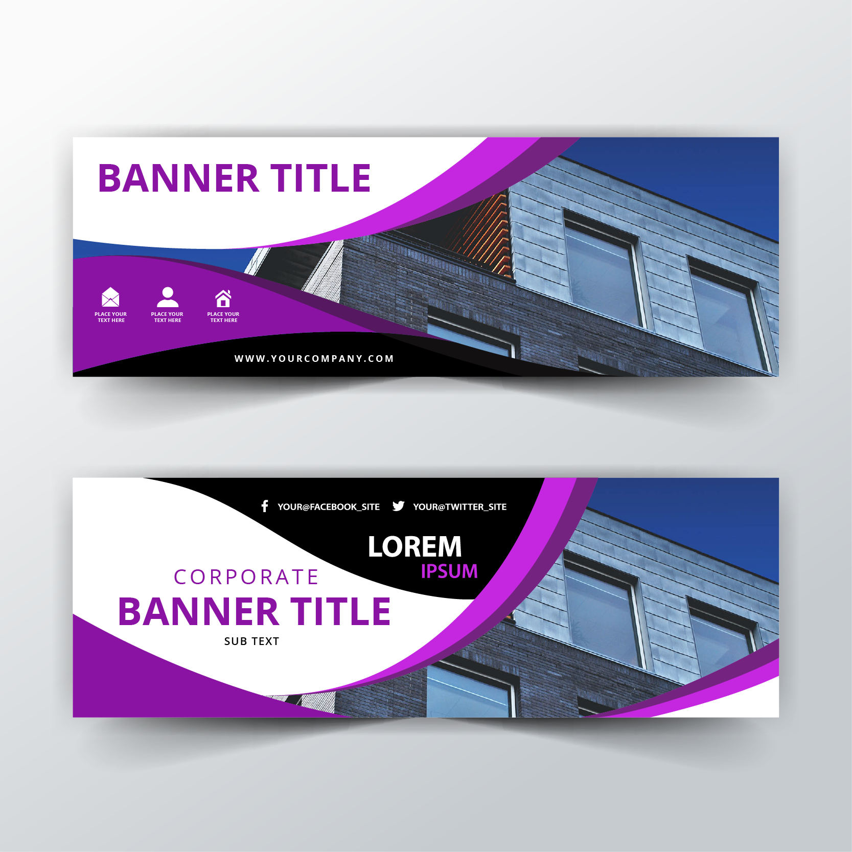 Two modern rectangular banner designs with bold purple and white wave elements overlaid on a building facade image, created by Inlo Design for corporate branding.