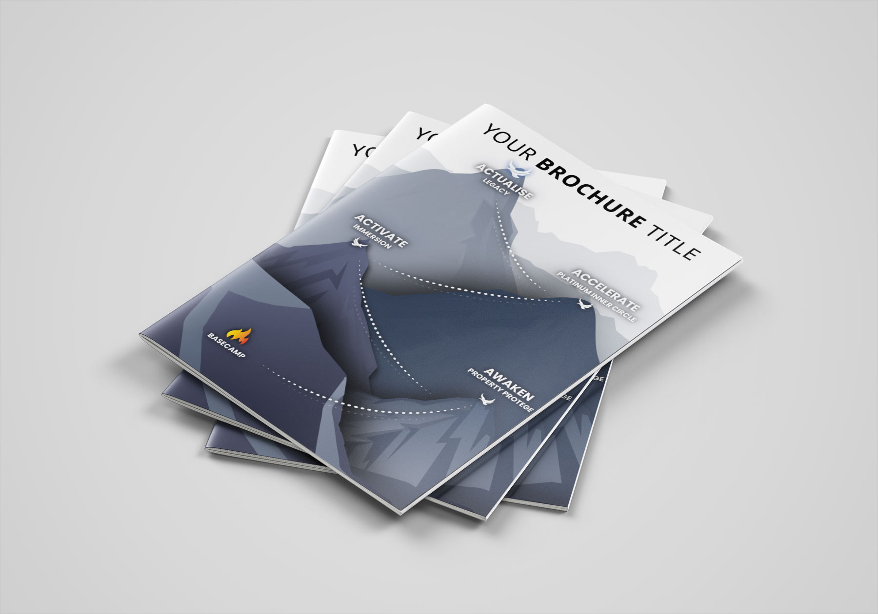 Stack of professionally designed brochures featuring a mountain-themed graphic layout, created by Inlo Design, with stages labeled Basecamp, Awaken, Activate, Accelerate, and Actualise.