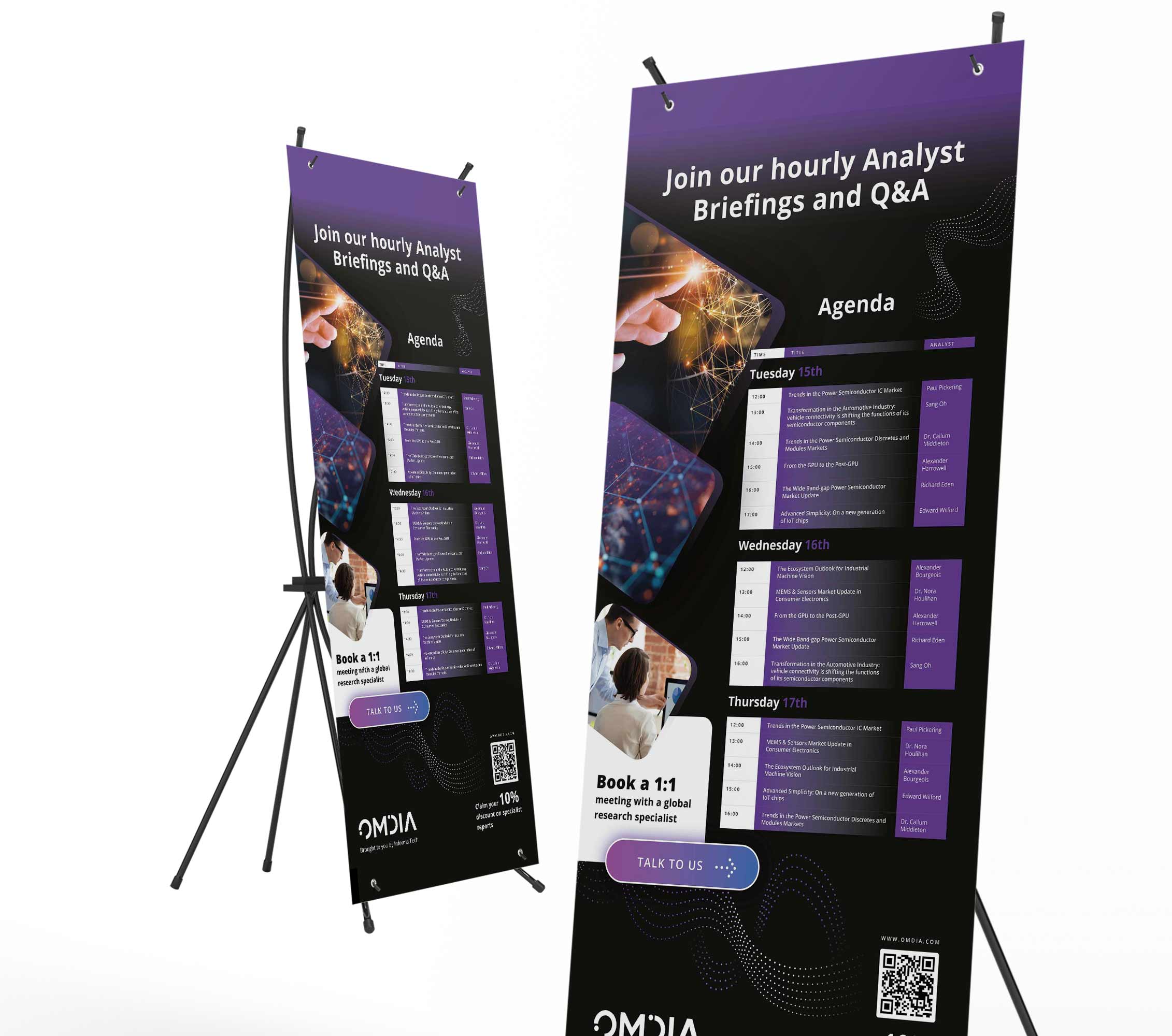 Two standing event banners featuring a marketing design for OMDIA’s hourly Analyst Briefings and Q&A sessions, displaying agenda details and call-to-action buttons.