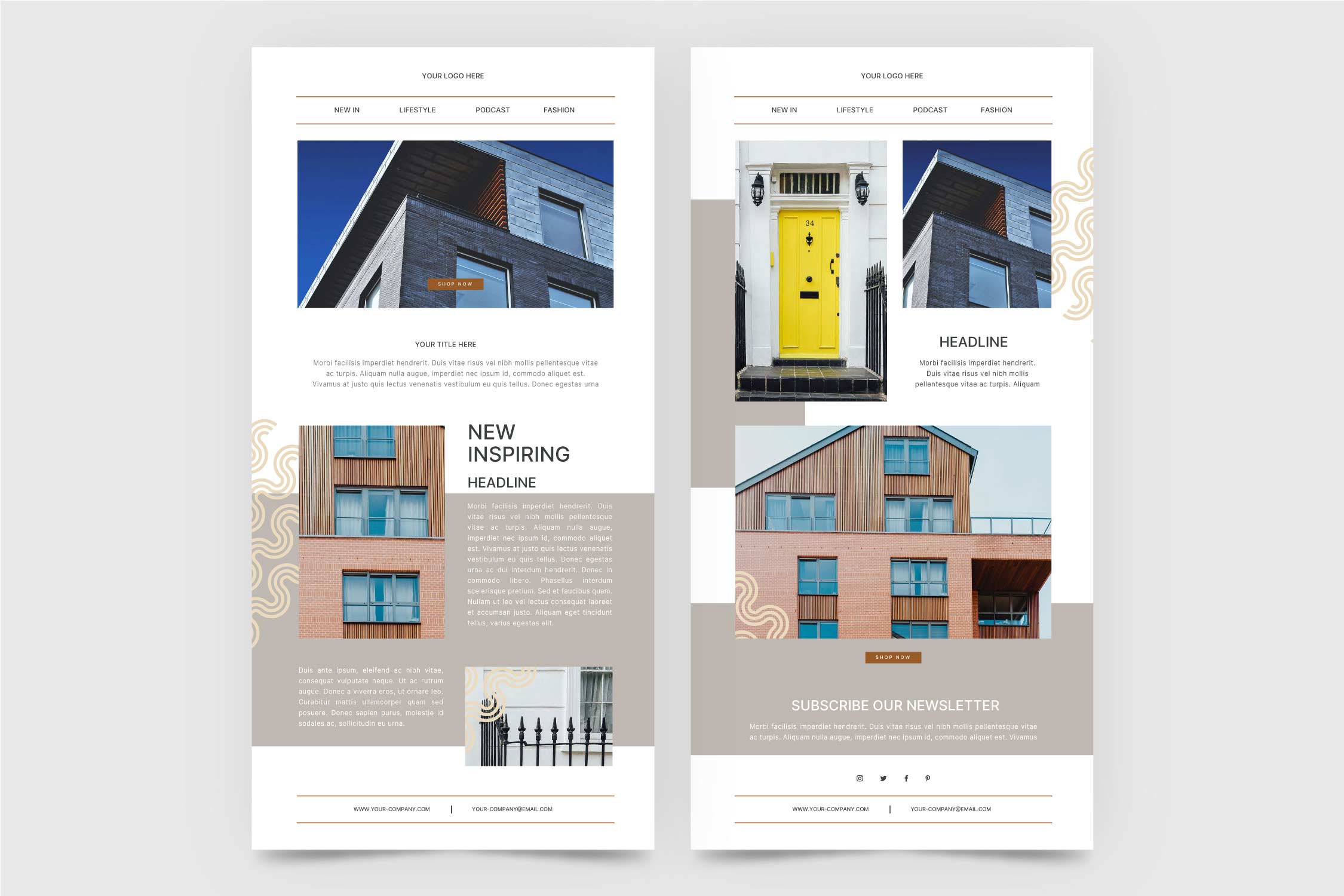 Modern responsive email templates showcasing architectural imagery and clean layouts, designed by Inlo Design for real estate or lifestyle content.