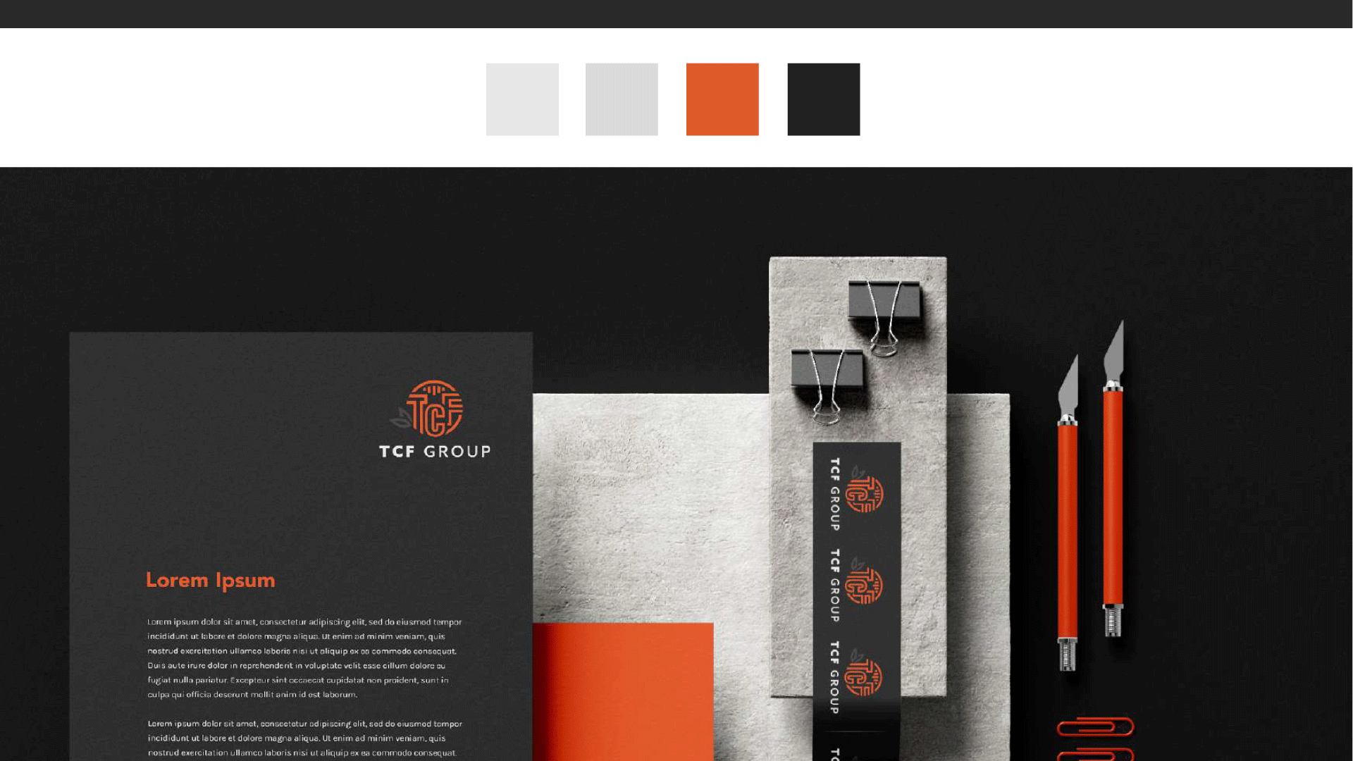 Branded stationery and marketing materials for TCF Group, featuring a bold orange and black color scheme, showcasing professional collateral design by InloDesign.