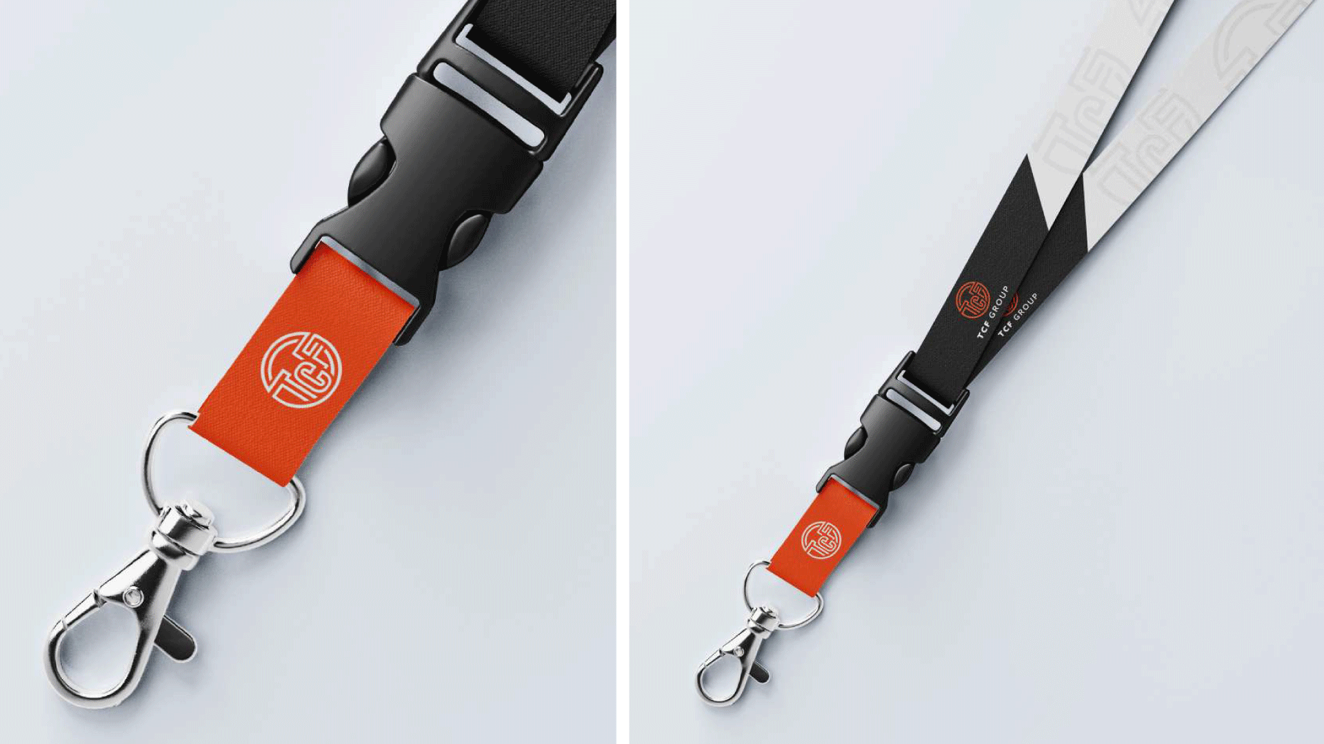 Custom lanyard design featuring the TCF Group logo in orange and white with modern black and grey color scheme and secure metal clasp.