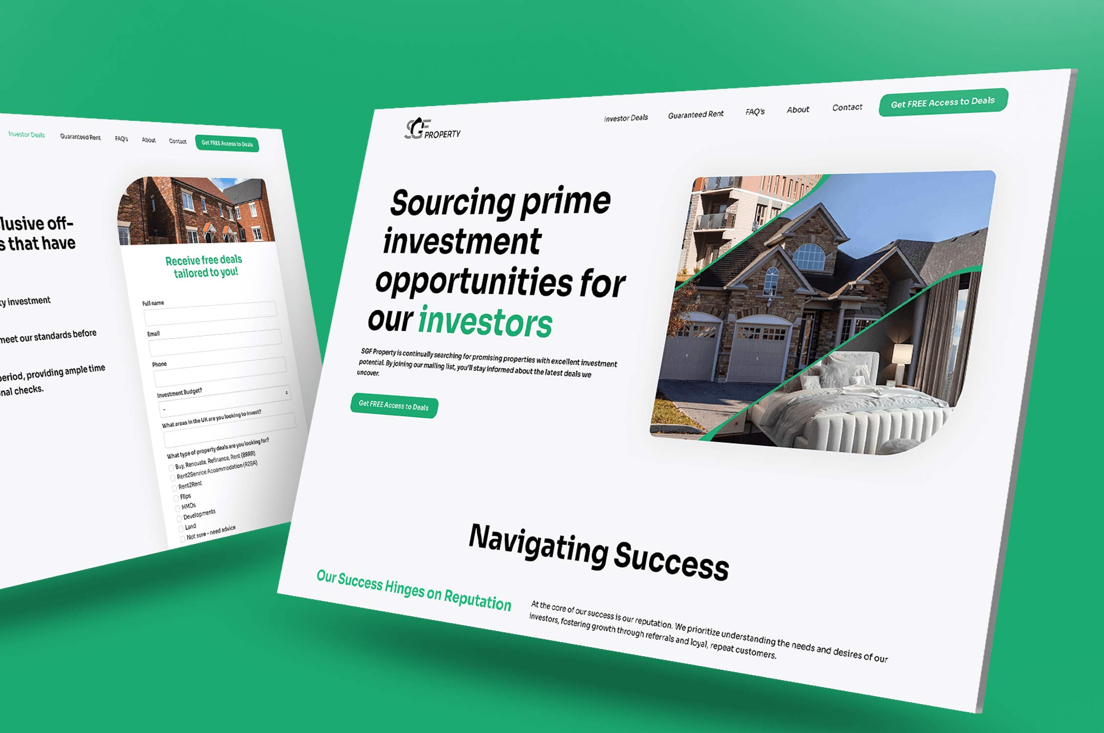 SGF Property website homepage design showcasing investment opportunities and lead capture form for property investors.