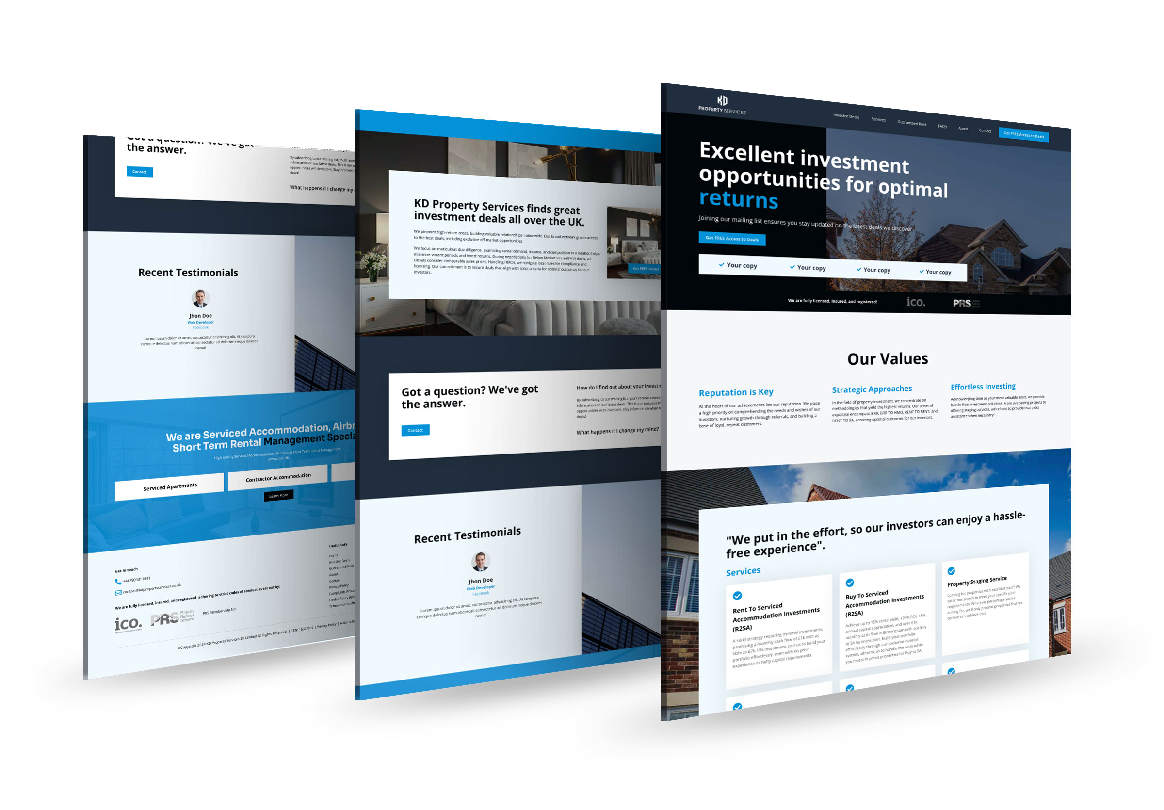 Real estate investor website design showcasing investment opportunities, testimonials, and property service features.