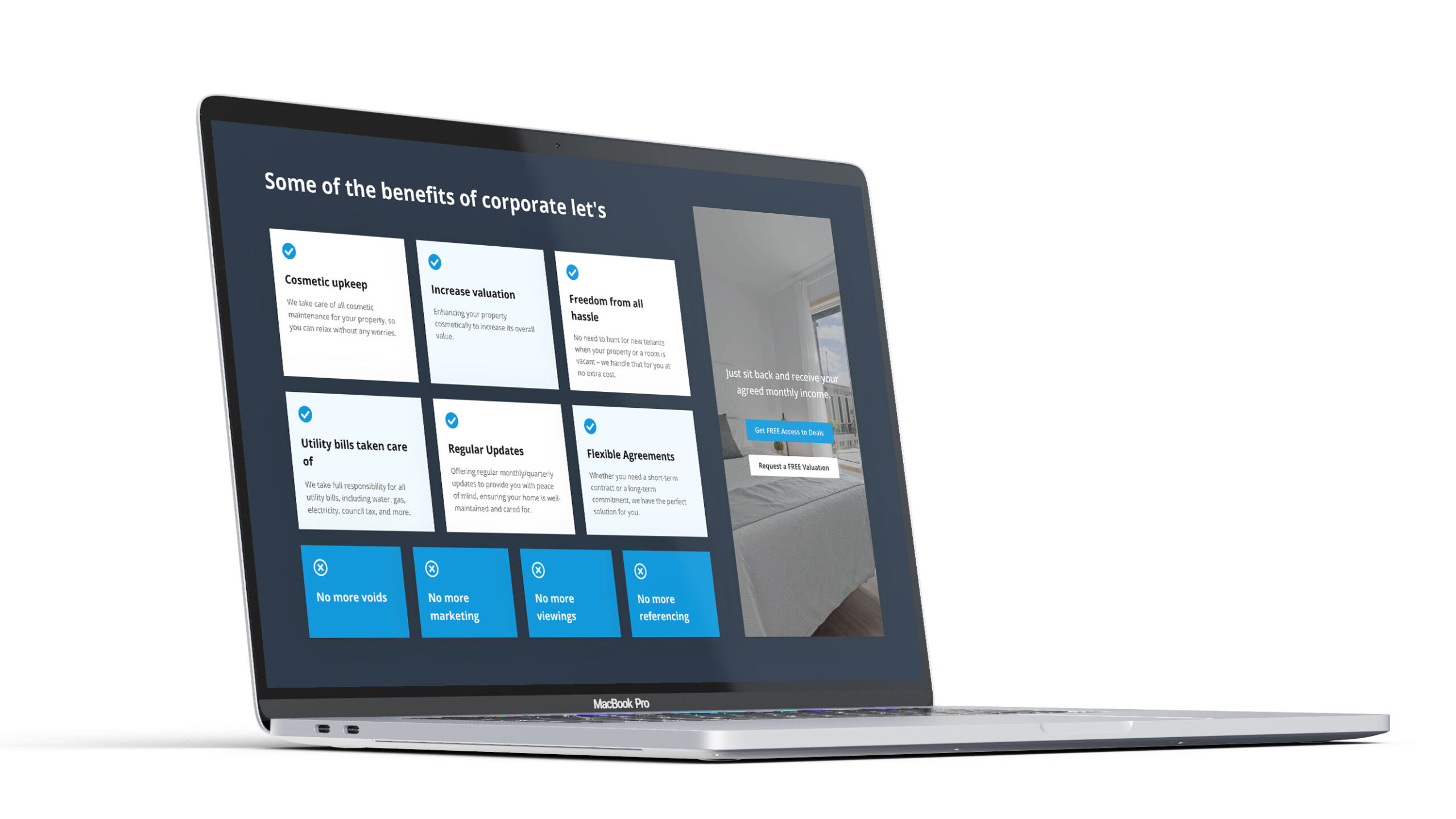 Modern estate agent website designed by Inlo Design, displayed on a MacBook Pro, showcasing features and benefits of corporate lets.