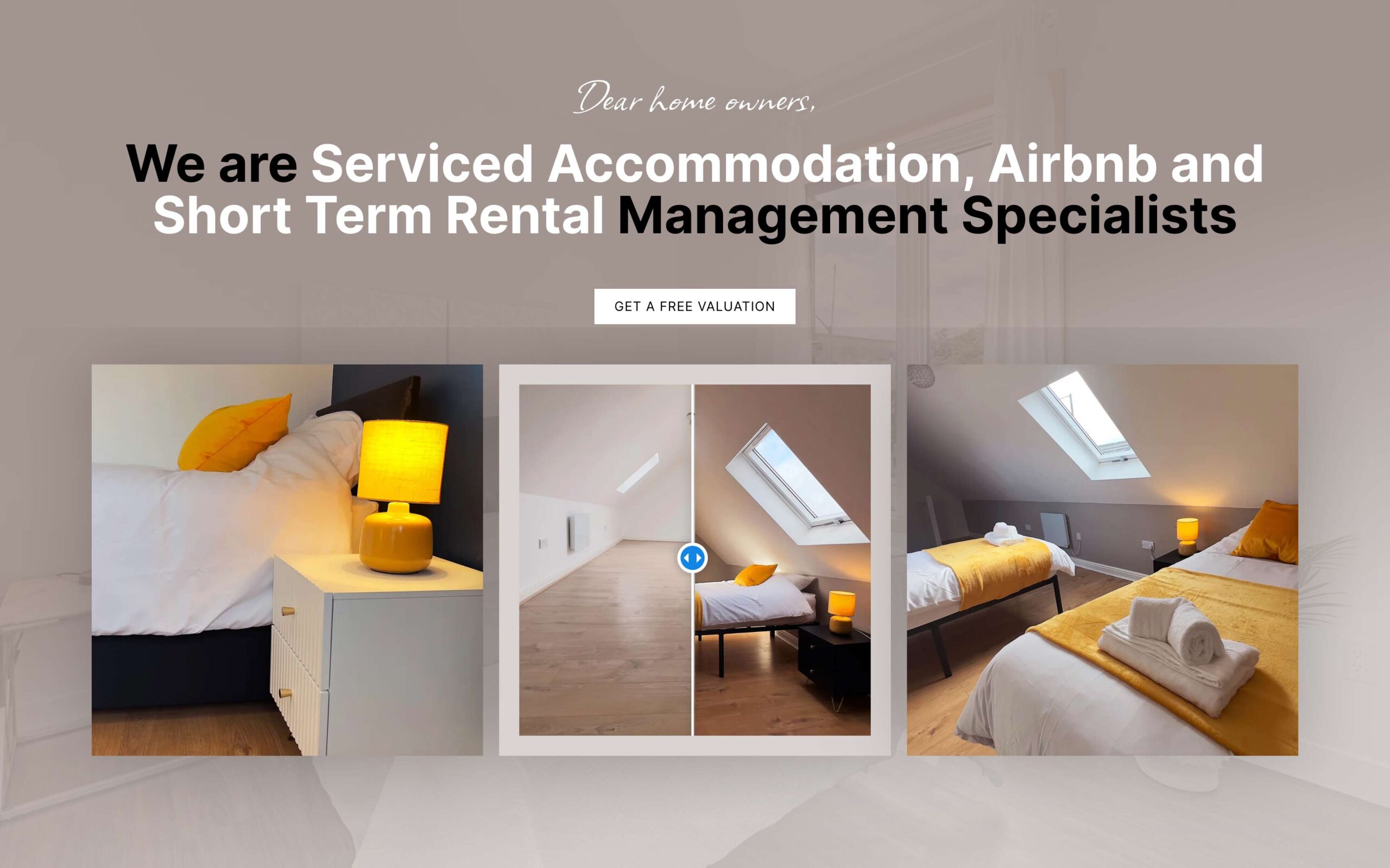 Photographic showcase section from a short-term rental management website designed by Inlo Design, featuring styled interior shots and a before-and-after comparison.
