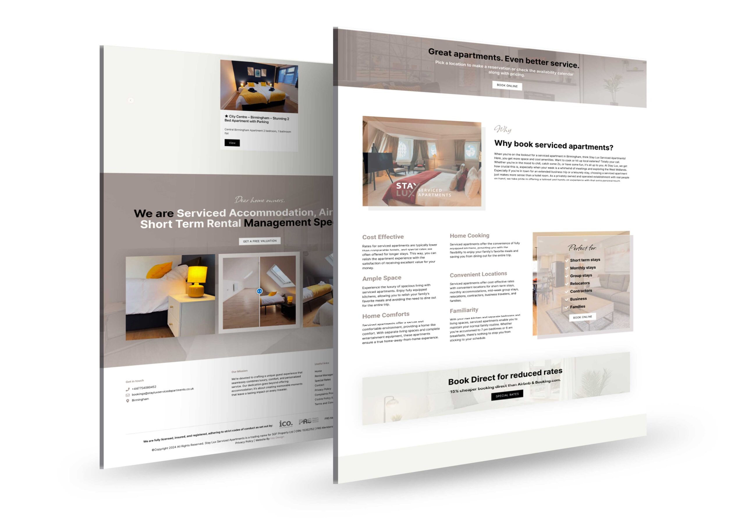 Dual-page mockup of a short-term rental management website designed by Inlo Design, showcasing promotional messaging, accommodation benefits, and interior visuals.