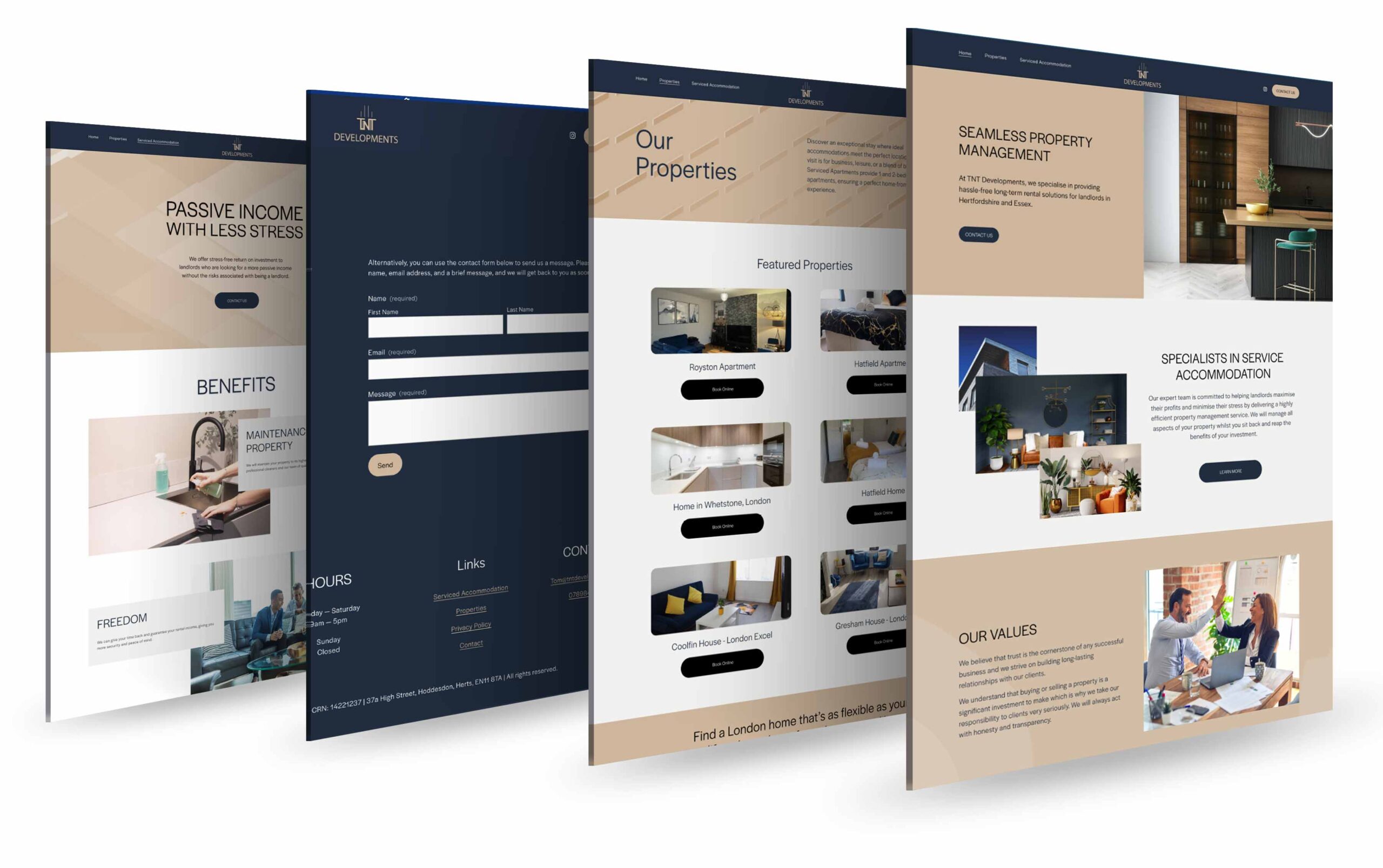 Mockup of a real estate website showcasing multiple pages including property listings, contact form, and service information.