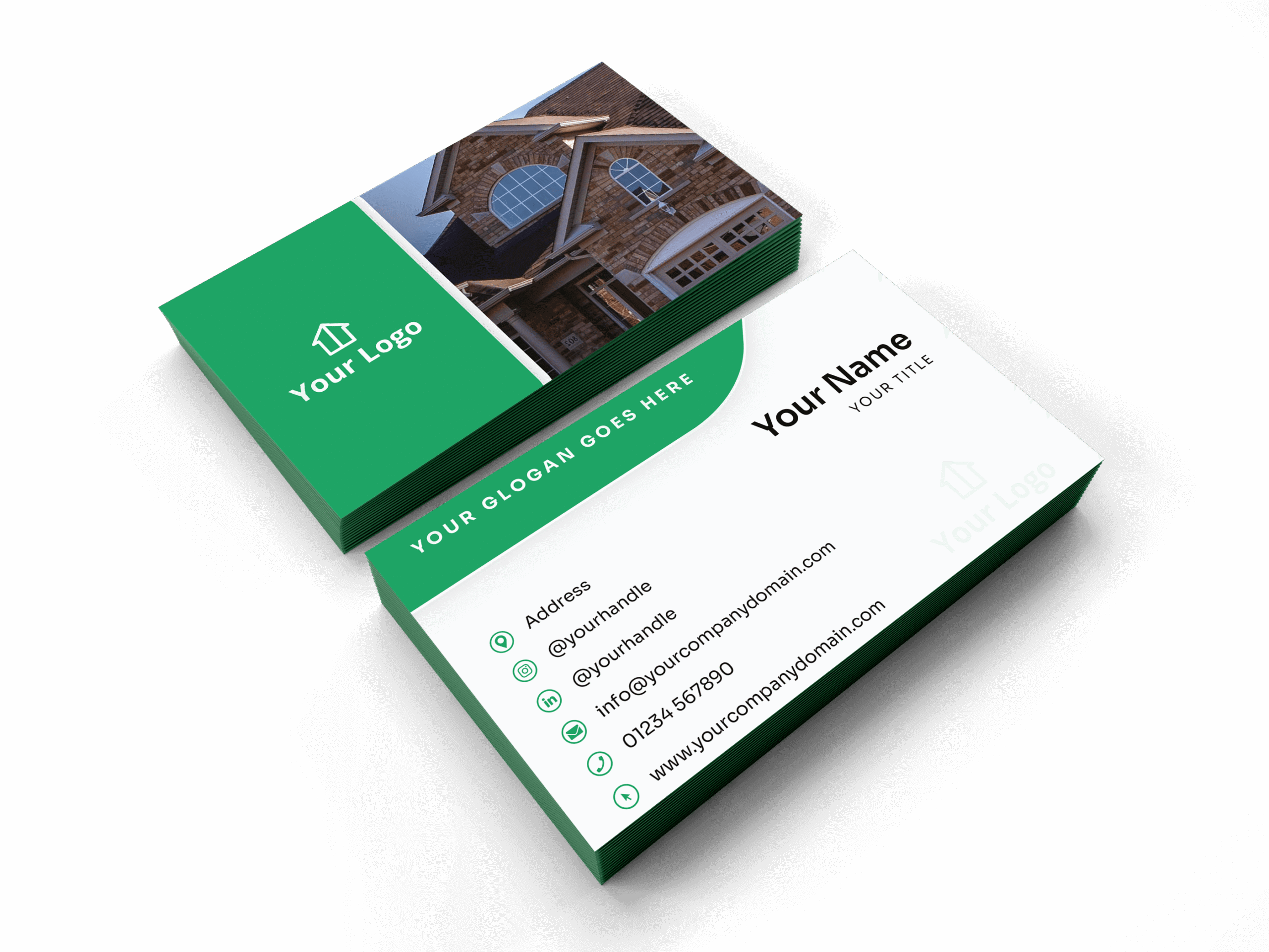 Stack of modern real estate business cards with a green and white design, featuring placeholder contact details, logo, and a house image.