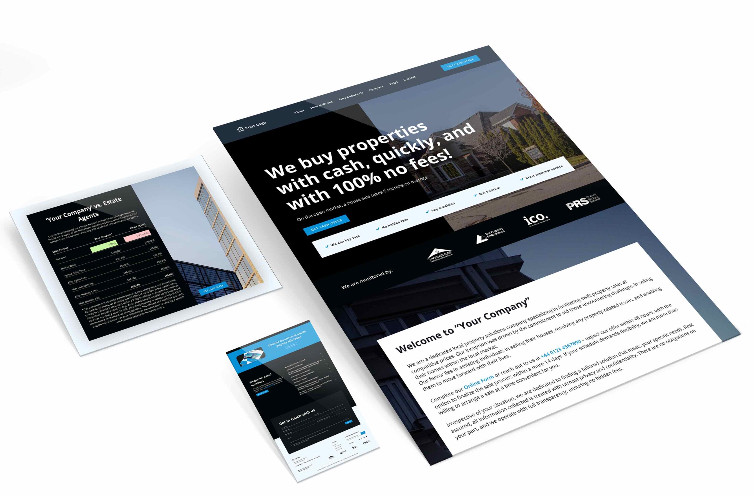 KD Property Services website mockup showing homepage layout and supporting content designs focused on property acquisition and sales.