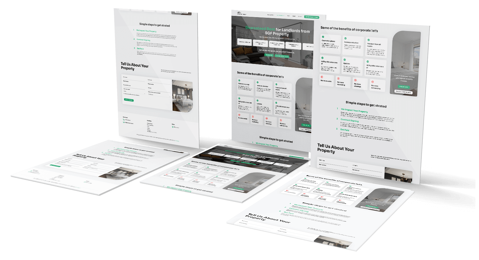 SGF Property website mockup showcasing a modern interface for guaranteed rent services and corporate lettings.