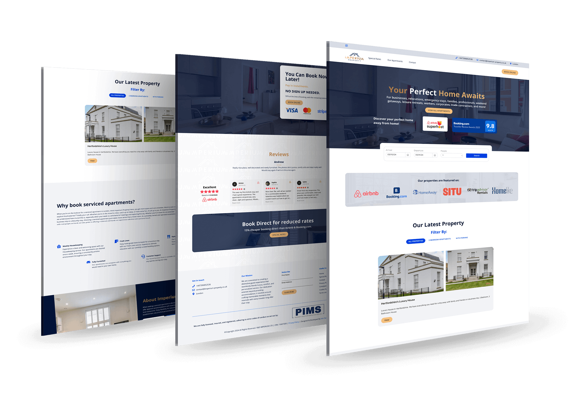 Imperium Property website mockup showcasing serviced accommodation features, latest listings, customer reviews, and booking platform integrations.